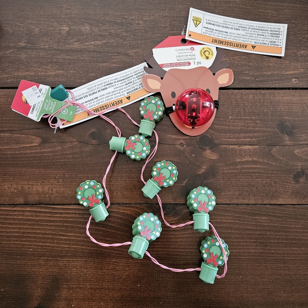 Ashland Christmas Set of Light Up Necklace &‎ Light Up Reindeer Nose NEW
